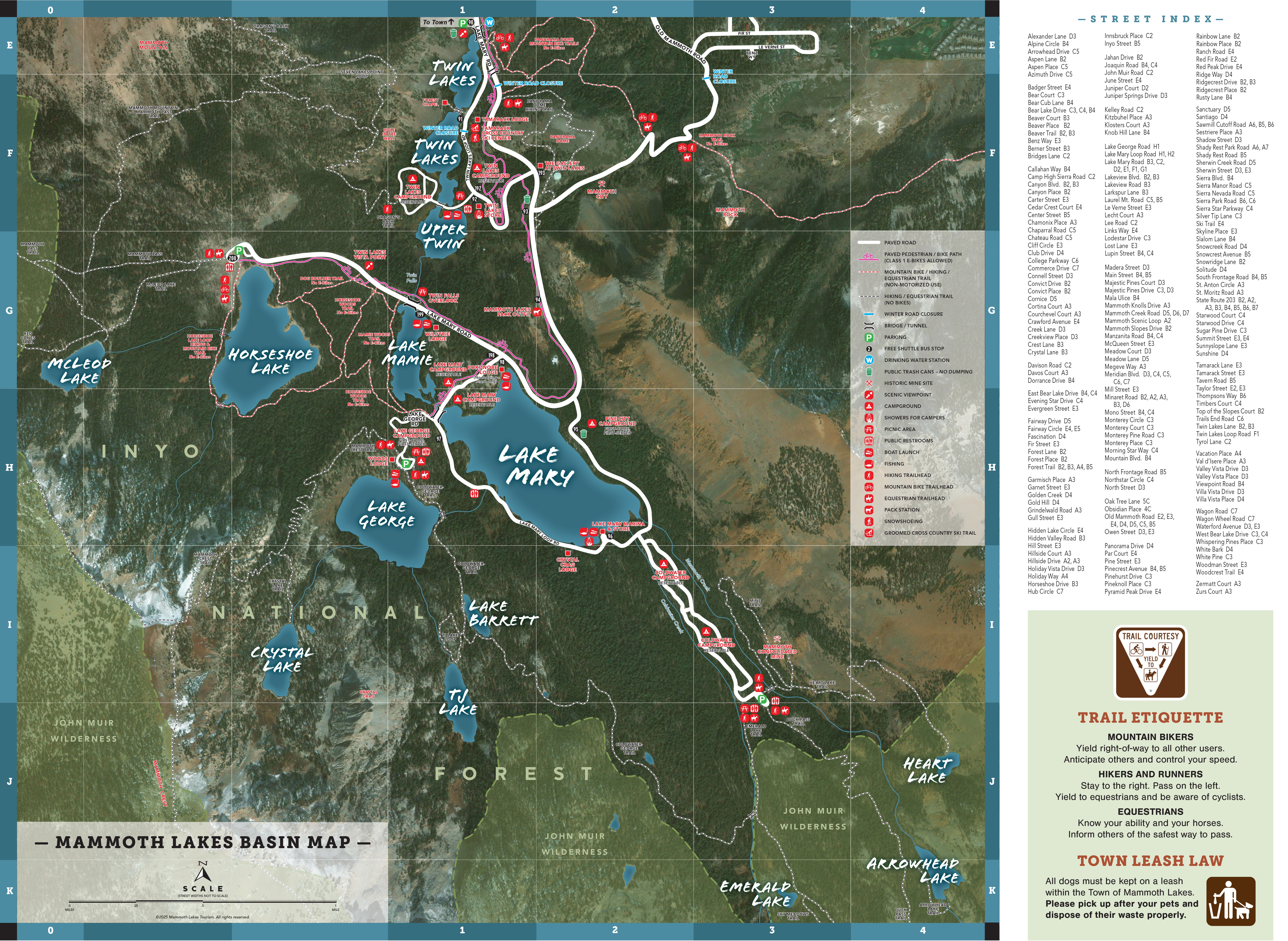 Visit Mammoth map of the Mammoth Lakes Basin showing lakes, roads, trails, and a street index.